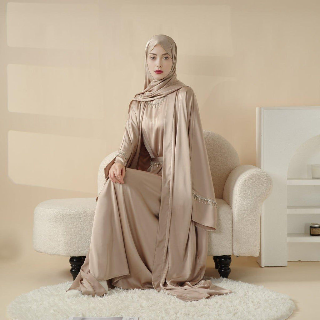 Luxury Satin Abaya With Diamond Tassels Belt,  6-Piece Set (MOA041) - SJB-DIAMOND ELITES