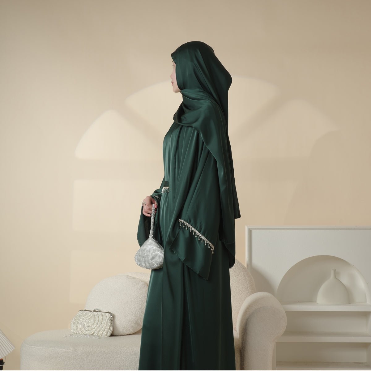 Luxury Satin Abaya With Diamond Tassels Belt,  6-Piece Set (MOA041) - SJB-DIAMOND ELITES