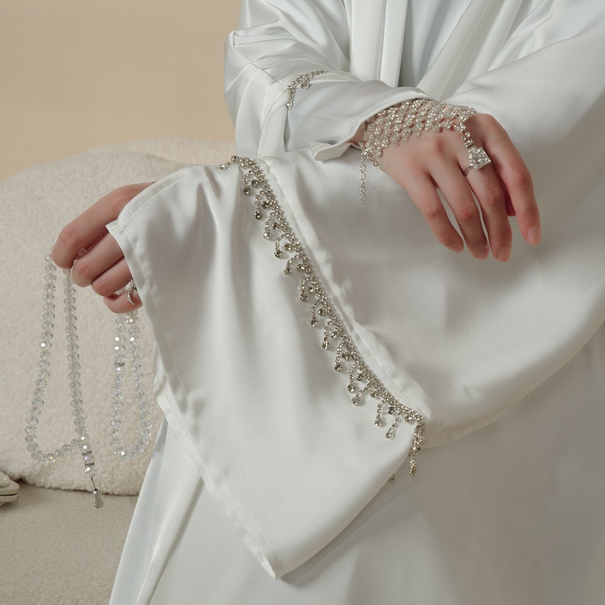 Luxury Satin Abaya With Diamond Tassels Belt,  6-Piece Set (MOA041) - SJB-DIAMOND ELITES