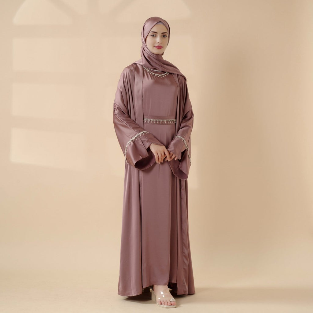 Luxury Satin Abaya With Diamond Tassels Belt,  6-Piece Set (MOA041) - SJB-DIAMOND ELITES