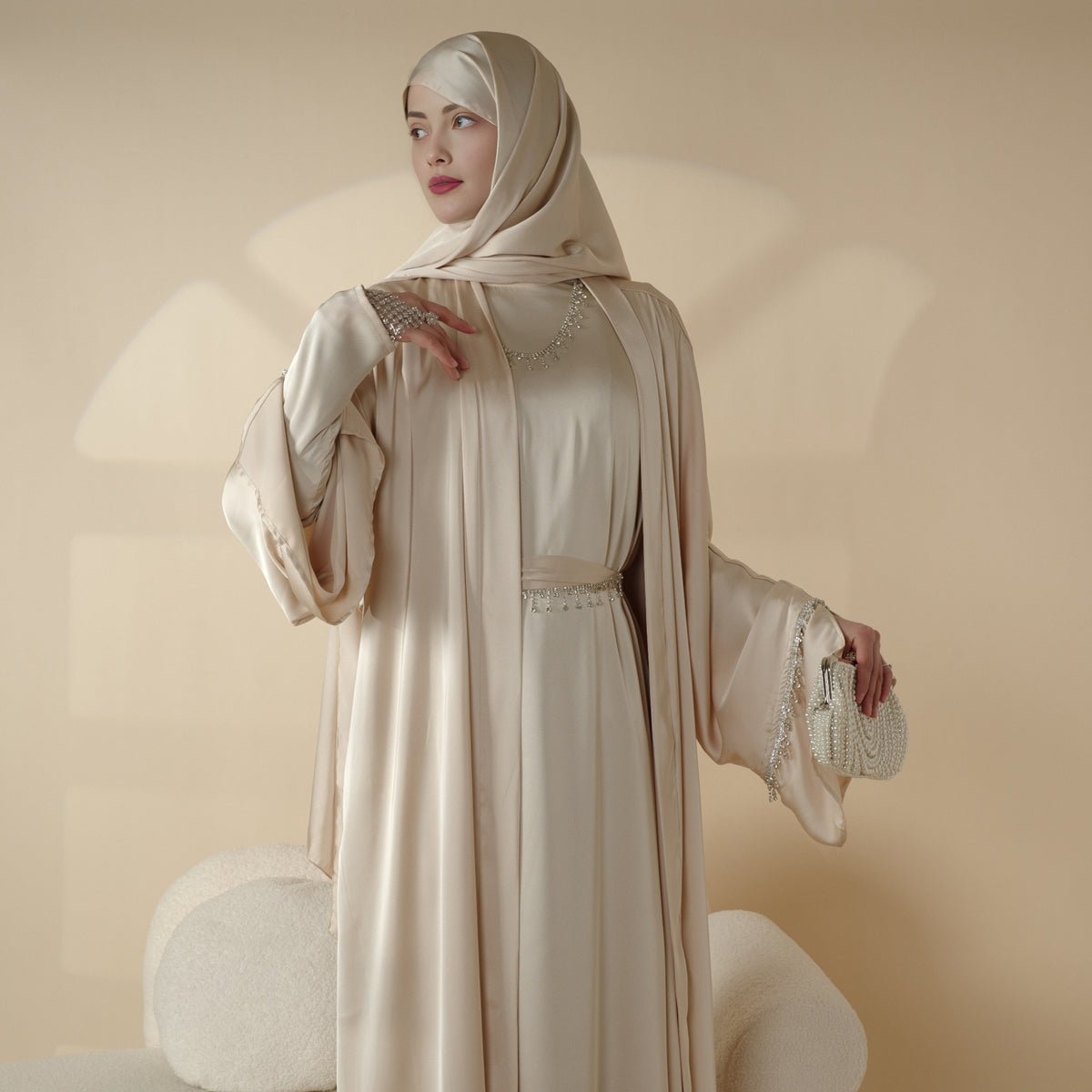 Luxury Satin Abaya With Diamond Tassels Belt,  6-Piece Set (MOA041) - SJB-DIAMOND ELITES