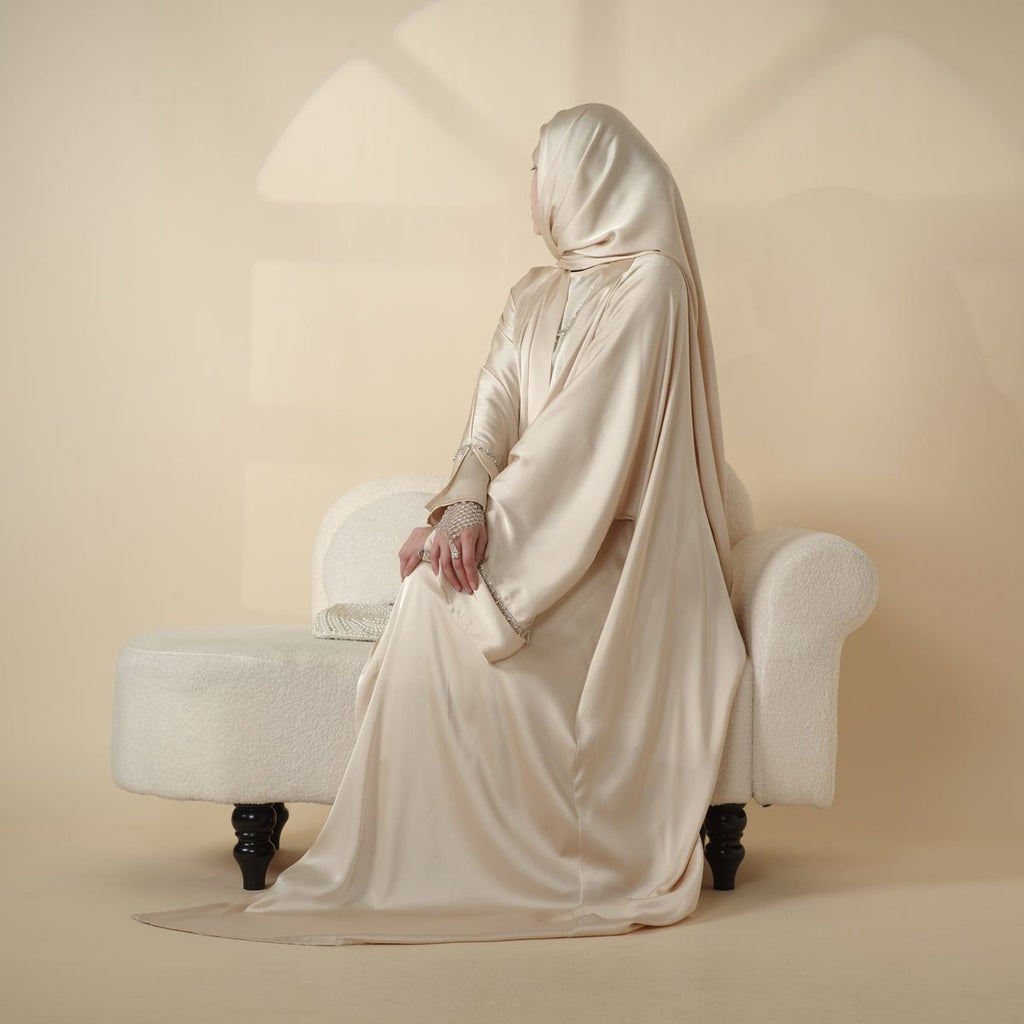 Luxury Satin Abaya With Diamond Tassels Belt,  6-Piece Set (MOA041) - SJB-DIAMOND ELITES
