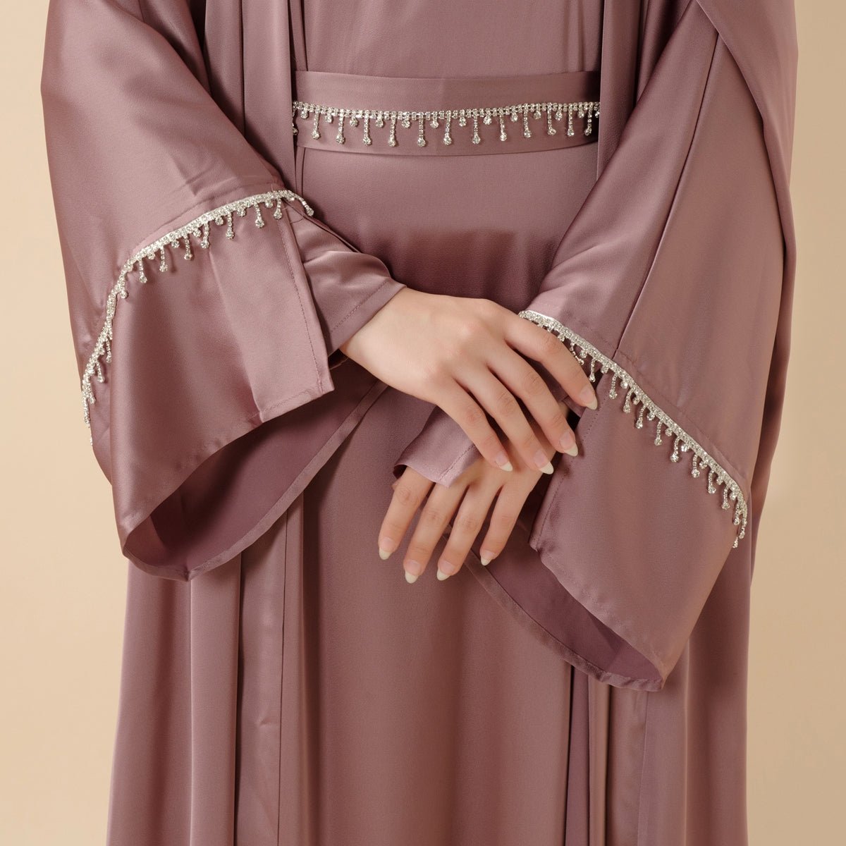 Luxury Satin Abaya With Diamond Tassels Belt,  6-Piece Set (MOA041) - SJB-DIAMOND ELITES
