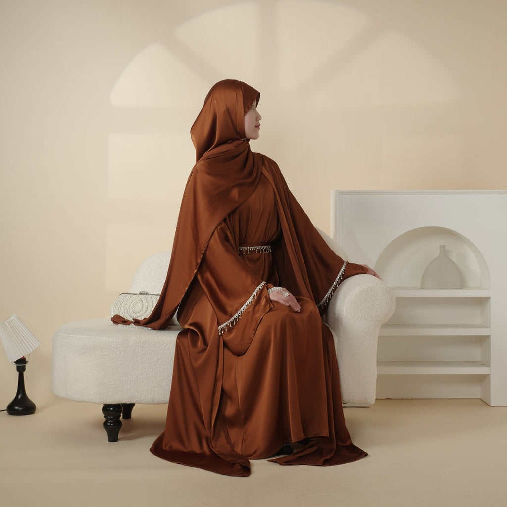Luxury Satin Abaya With Diamond Tassels Belt,  6-Piece Set (MOA041) - SJB-DIAMOND ELITES