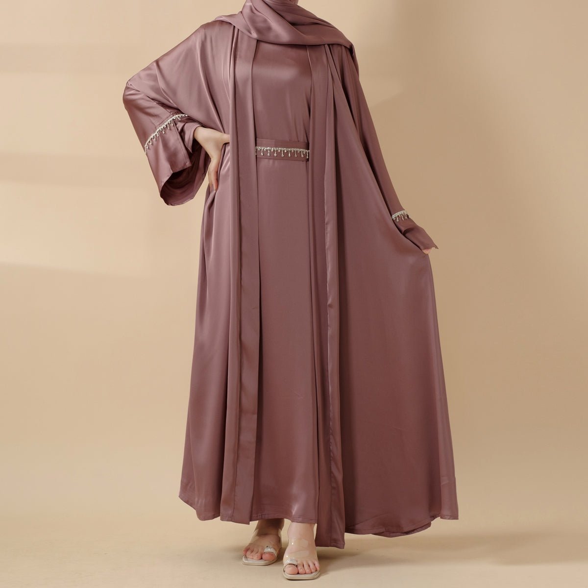 Luxury Satin Abaya With Diamond Tassels Belt,  6-Piece Set (MOA041) - SJB-DIAMOND ELITES
