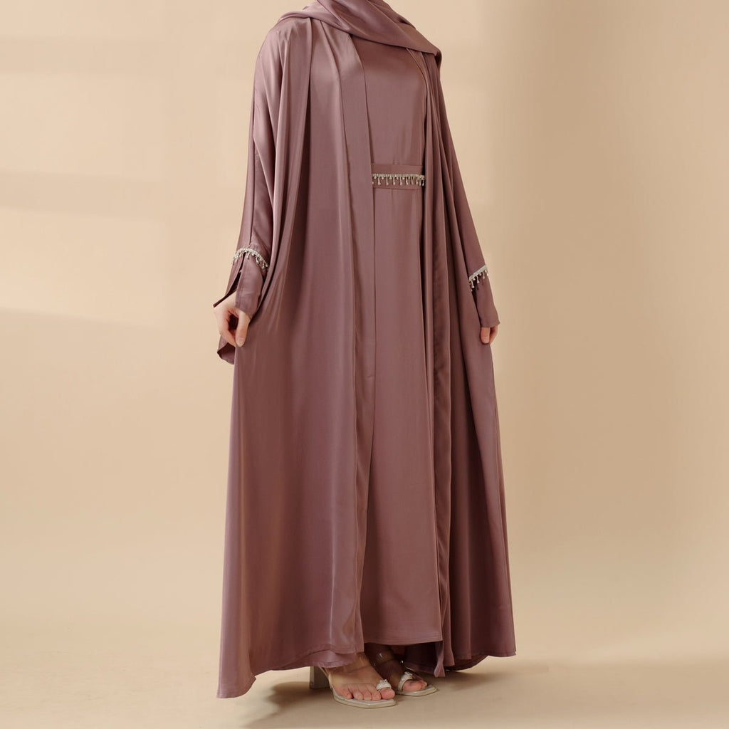 Luxury Satin Abaya With Diamond Tassels Belt,  6-Piece Set (MOA041) - SJB-DIAMOND ELITES
