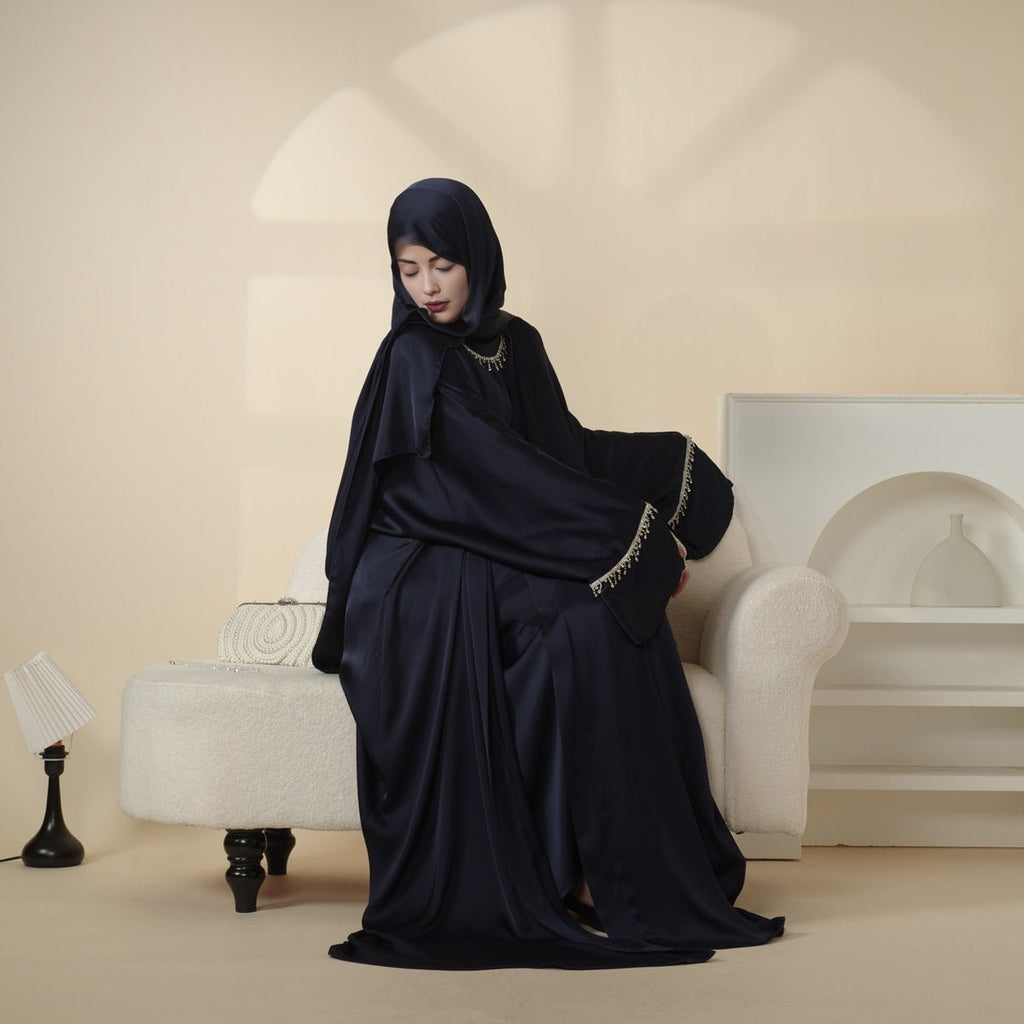 Luxury Satin Abaya With Diamond Tassels Belt,  6-Piece Set (MOA041) - SJB-DIAMOND ELITES