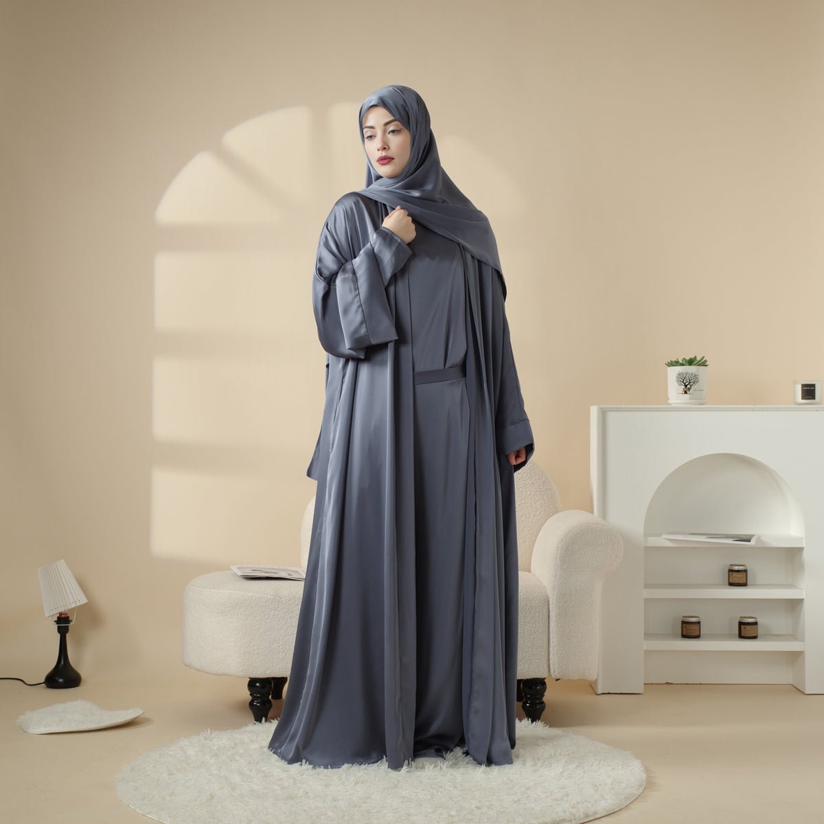 Luxury Satin Modest Abaya Set 4-Piece – Elegant Open Abaya, Top, Pants & Matching Hijab(MOA034) - SJB-DIAMOND ELITES