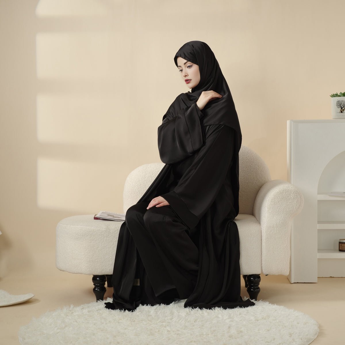 Luxury Satin Modest Abaya Set 4-Piece – Elegant Open Abaya, Top, Pants & Matching Hijab(MOA034) - SJB-DIAMOND ELITES