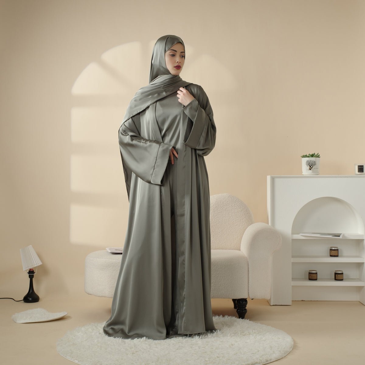 Luxury Satin Modest Abaya Set 4-Piece – Elegant Open Abaya, Top, Pants & Matching Hijab(MOA034) - SJB-DIAMOND ELITES