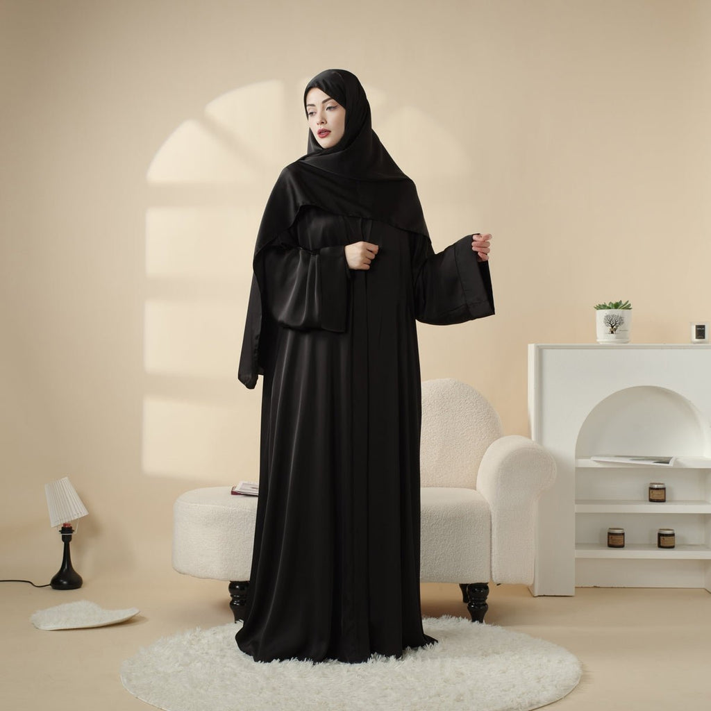 Luxury Satin Modest Abaya Set 4-Piece – Elegant Open Abaya, Top, Pants & Matching Hijab(MOA034) - SJB-DIAMOND ELITES