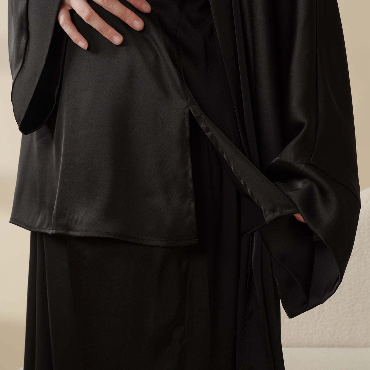 Luxury Satin Modest Abaya Set 4-Piece – Elegant Open Abaya, Top, Pants & Matching Hijab(MOA034) - SJB-DIAMOND ELITES