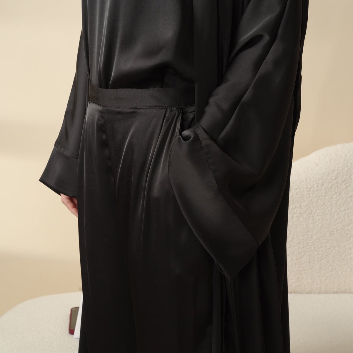 Luxury Satin Modest Abaya Set 4-Piece – Elegant Open Abaya, Top, Pants & Matching Hijab(MOA034) - SJB-DIAMOND ELITES