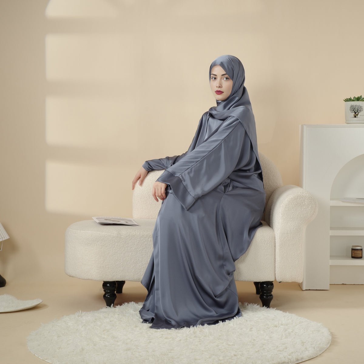 Luxury Satin Modest Abaya Set 4-Piece – Elegant Open Abaya, Top, Pants & Matching Hijab(MOA034) - SJB-DIAMOND ELITES