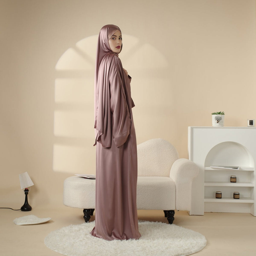 Luxury Satin Modest Abaya Set 4-Piece – Elegant Open Abaya, Top, Pants & Matching Hijab(MOA034) - SJB-DIAMOND ELITES