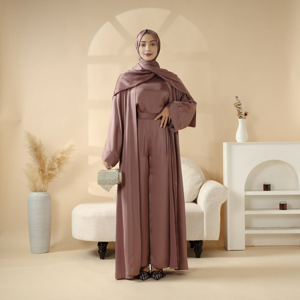 Luxury Satin Modest Abaya Set 4-Piece – Elegant Open Abaya, Top, Pants & Matching Hijab(MOA034) - SJB-DIAMOND ELITES