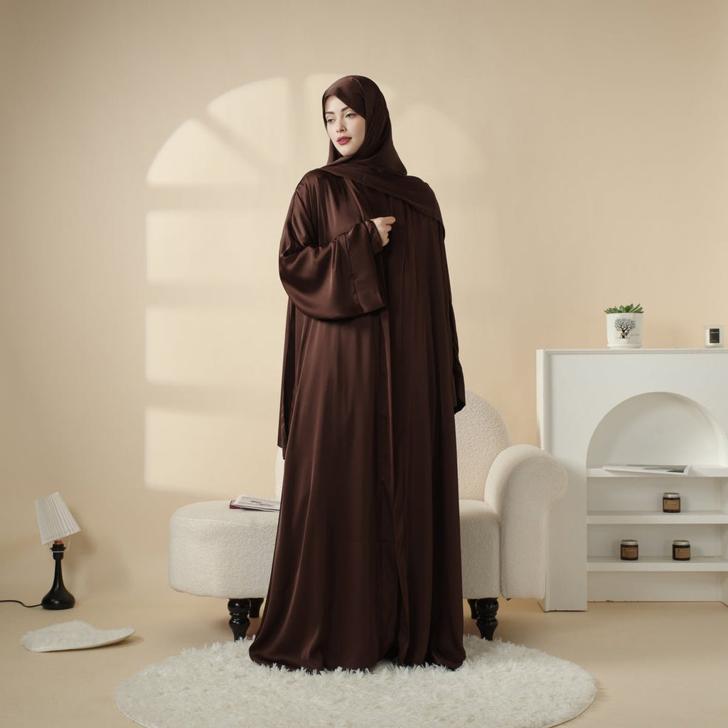 Luxury Satin Modest Abaya Set 4-Piece – Elegant Open Abaya, Top, Pants & Matching Hijab(MOA034) - SJB-DIAMOND ELITES