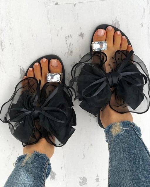 Luxury Shiny Rhinestone Summer Cute Bowtie Decorate Non-Slip Sandals Slipper Flats Mules Casual Fashion Beach Flip Flops Bow Sandals Rubber Flat Summer Beach Rain Shoes Stevvex