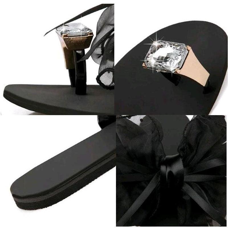 Luxury Shiny Rhinestone Summer Cute Bowtie Decorate Non-Slip Sandals Slipper Flats Mules Casual Fashion Beach Flip Flops Bow Sandals Rubber Flat Summer Beach Rain Shoes Stevvex