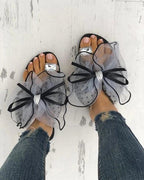 Luxury Shiny Rhinestone Summer Cute Bowtie Decorate Non-Slip Sandals Slipper Flats Mules Casual Fashion Beach Flip Flops Bow Sandals Rubber Flat Summer Beach Rain Shoes Stevvex
