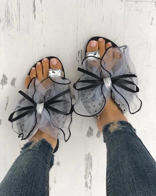 Luxury Shiny Rhinestone Summer Cute Bowtie Decorate Non-Slip Sandals Slipper Flats Mules Casual Fashion Beach Flip Flops Bow Sandals Rubber Flat Summer Beach Rain Shoes Stevvex