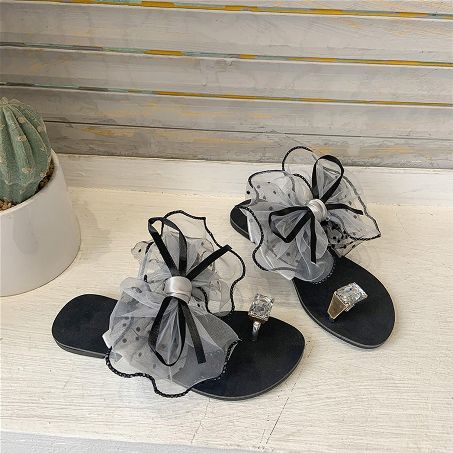 Luxury Shiny Rhinestone Summer Cute Bowtie Decorate Non-Slip Sandals Slipper Flats Mules Casual Fashion Beach Flip Flops Bow Sandals Rubber Flat Summer Beach Rain Shoes Stevvex