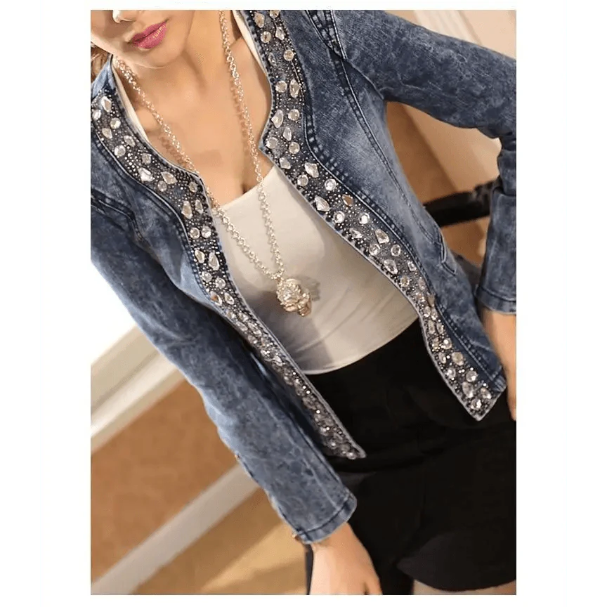 Luxury Spring Fashionable Women Denim Jacket Slim Zipper Casual Short Sequins Outerwear Ladies Vintage Crystal Biker Stevvex