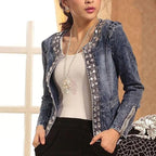 Luxury Spring Fashionable Women Denim Jacket Slim Zipper Casual Short Sequins Outerwear Ladies Vintage Crystal Biker Stevvex