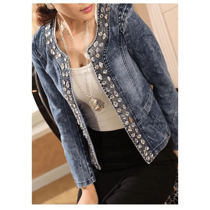 Luxury Spring Fashionable Women Denim Jacket Slim Zipper Casual Short Sequins Outerwear Ladies Vintage Crystal Biker Stevvex