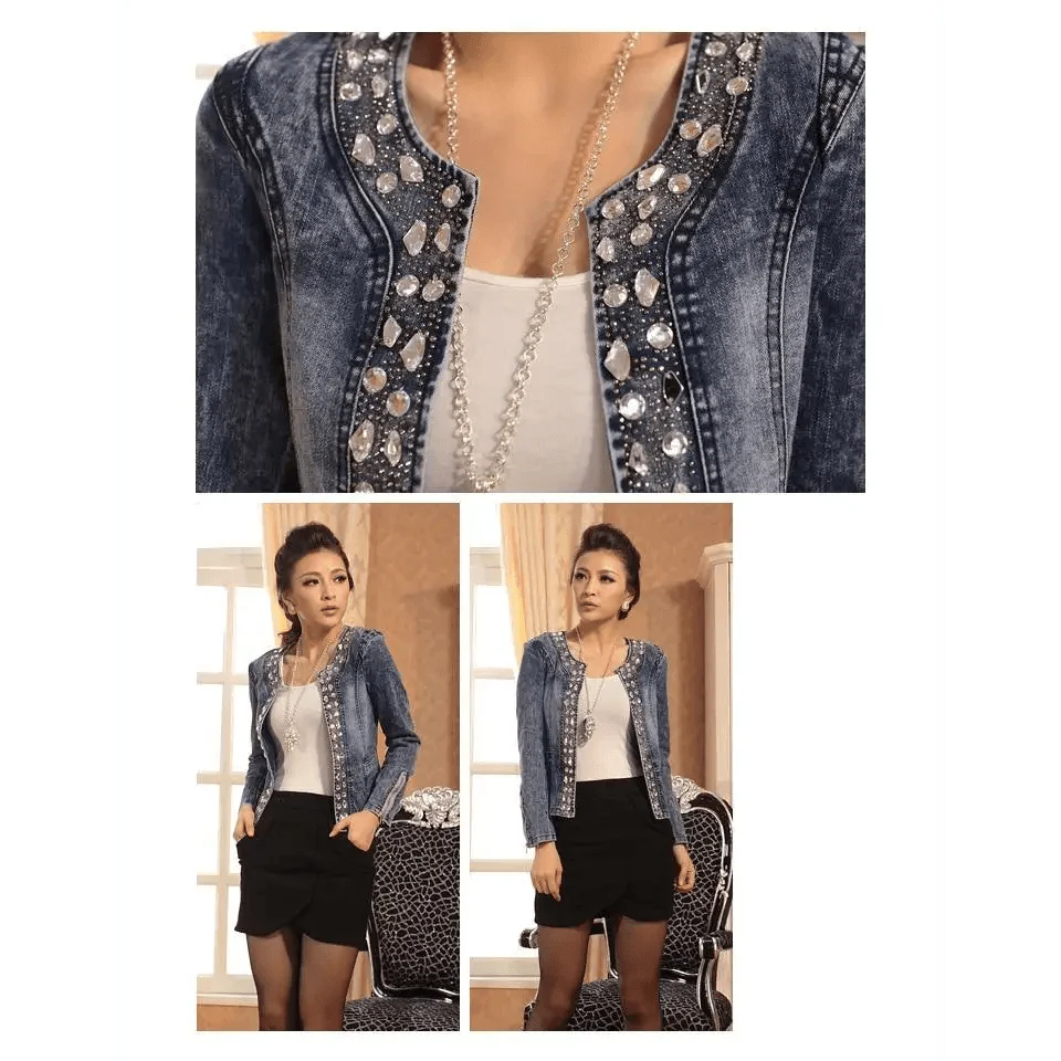 Luxury Spring Fashionable Women Denim Jacket Slim Zipper Casual Short Sequins Outerwear Ladies Vintage Crystal Biker Stevvex