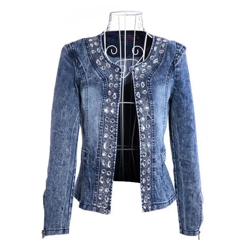 Luxury Spring Fashionable Women Denim Jacket Slim Zipper Casual Short Sequins Outerwear Ladies Vintage Crystal Biker Stevvex