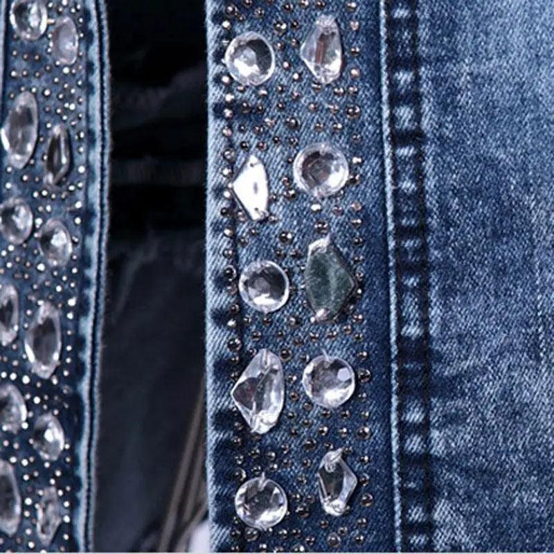 Luxury Spring Fashionable Women Denim Jacket Slim Zipper Casual Short Sequins Outerwear Ladies Vintage Crystal Biker Stevvex