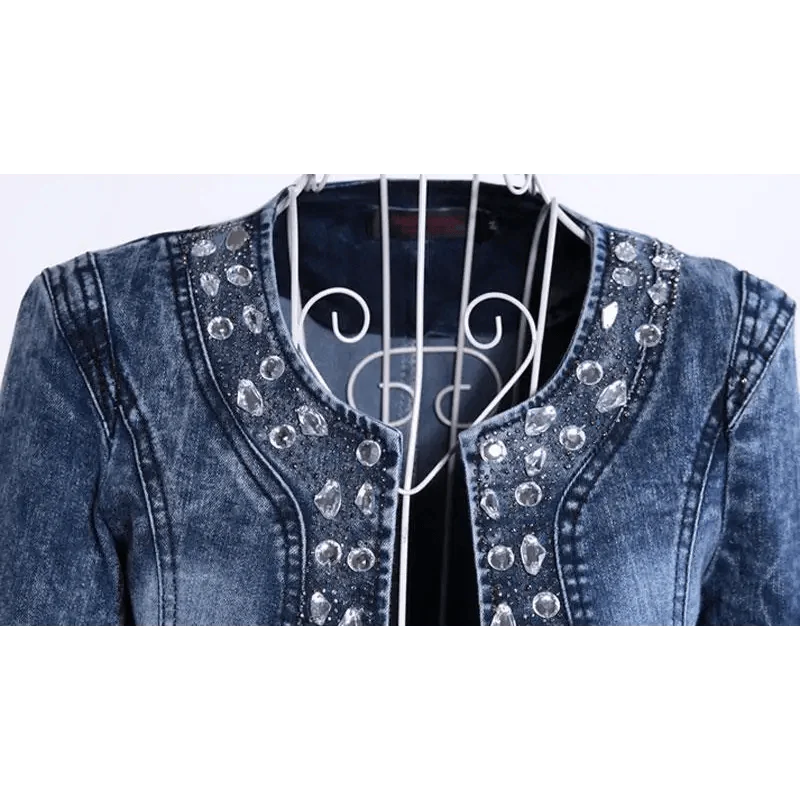 Luxury Spring Fashionable Women Denim Jacket Slim Zipper Casual Short Sequins Outerwear Ladies Vintage Crystal Biker Stevvex