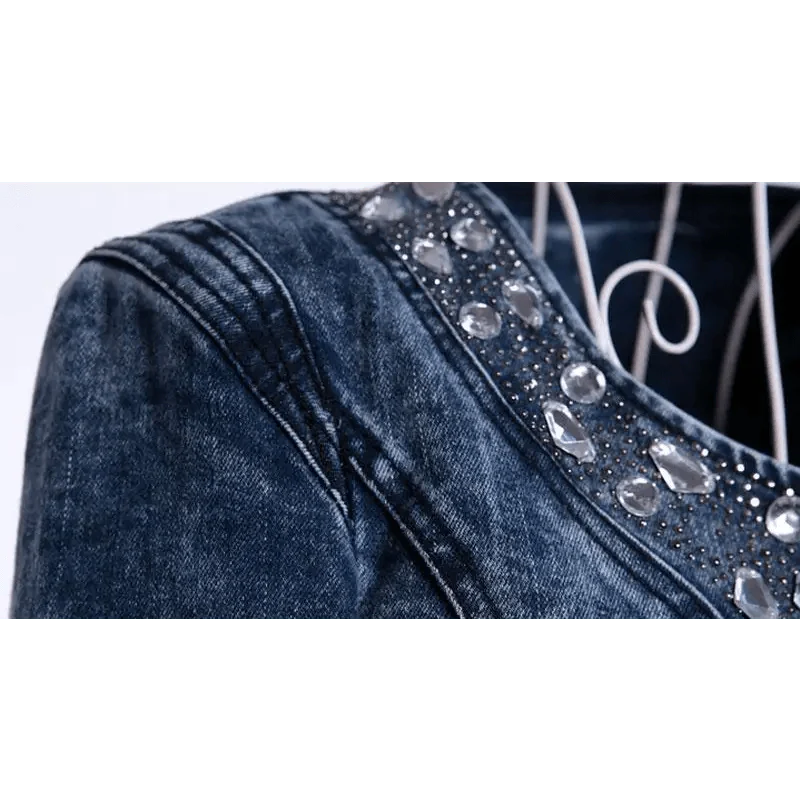 Luxury Spring Fashionable Women Denim Jacket Slim Zipper Casual Short Sequins Outerwear Ladies Vintage Crystal Biker Stevvex