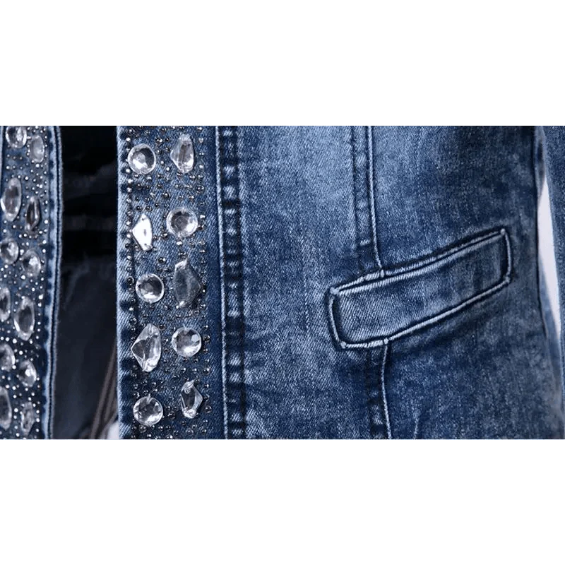 Luxury Spring Fashionable Women Denim Jacket Slim Zipper Casual Short Sequins Outerwear Ladies Vintage Crystal Biker Stevvex