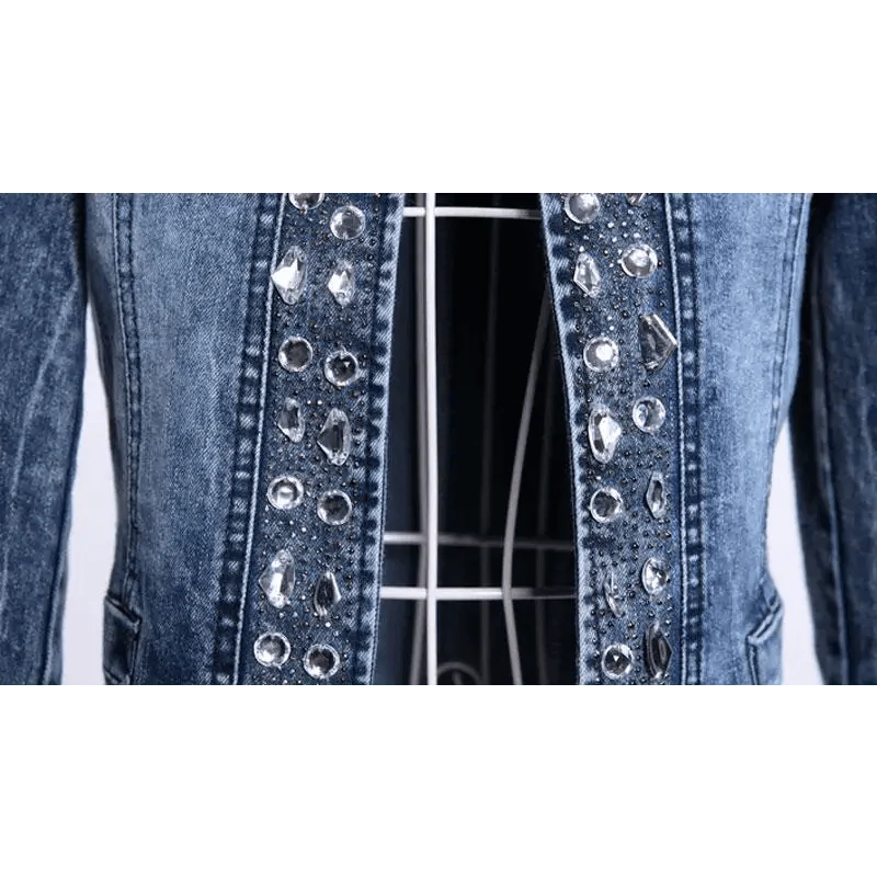 Luxury Spring Fashionable Women Denim Jacket Slim Zipper Casual Short Sequins Outerwear Ladies Vintage Crystal Biker Stevvex