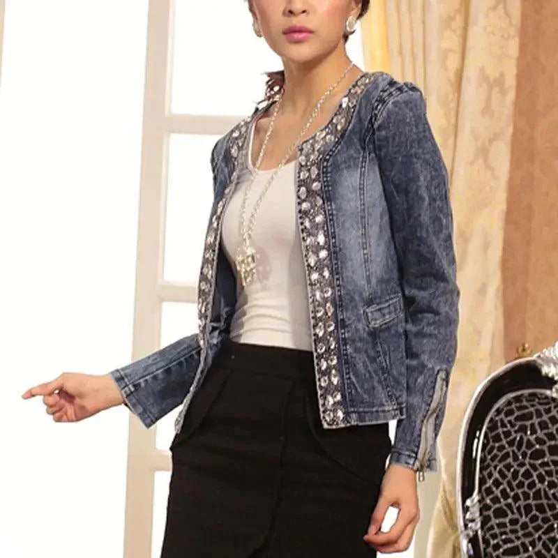Luxury Spring Fashionable Women Denim Jacket Slim Zipper Casual Short Sequins Outerwear Ladies Vintage Crystal Biker Stevvex