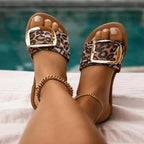Luxury Summer Leopard Design Women's Slippers Shoes Summer Flat Woman Fashion Buckle Peep Toe Flat Shoes Adjustable Buckle Strap Casual Comfort Footbed Slides Sandals For Indoor And Outdoor Beach Stevvex