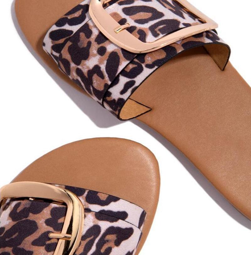 Luxury Summer Leopard Design Women's Slippers Shoes Summer Flat Woman Fashion Buckle Peep Toe Flat Shoes Adjustable Buckle Strap Casual Comfort Footbed Slides Sandals For Indoor And Outdoor Beach Stevvex