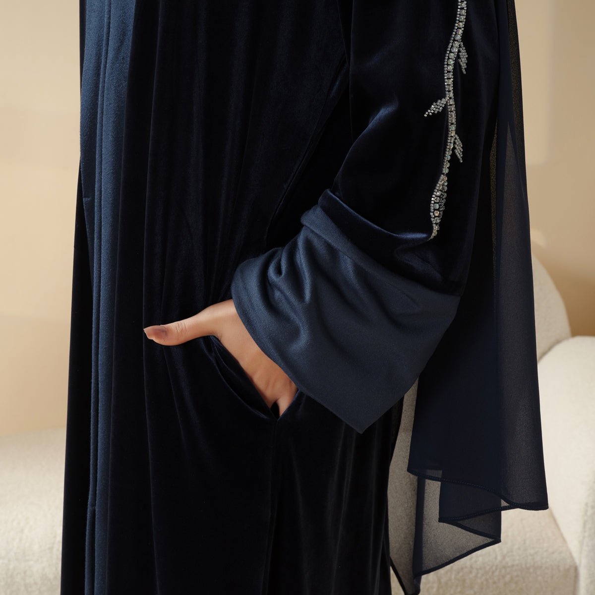 Luxury Velvet Open Abaya | Hand-Stitched Beaded Open Velvet Abaya (MOA106)