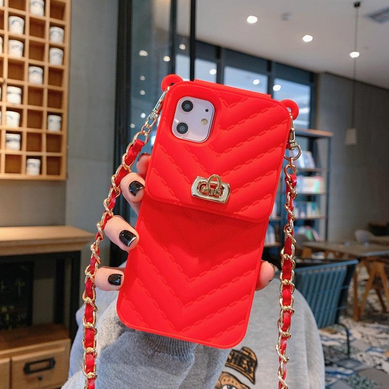 Luxury Wallet Bag Phone Case For iPhone 14 13 12 MINI 11 Pro XR XS Max 6 7 8 Plus Silicone Card Pocket Strap Cover With Lanyard Crossbody Chain Card Holder Slot Handbag Wrist Strap Protective Cover Stevvex