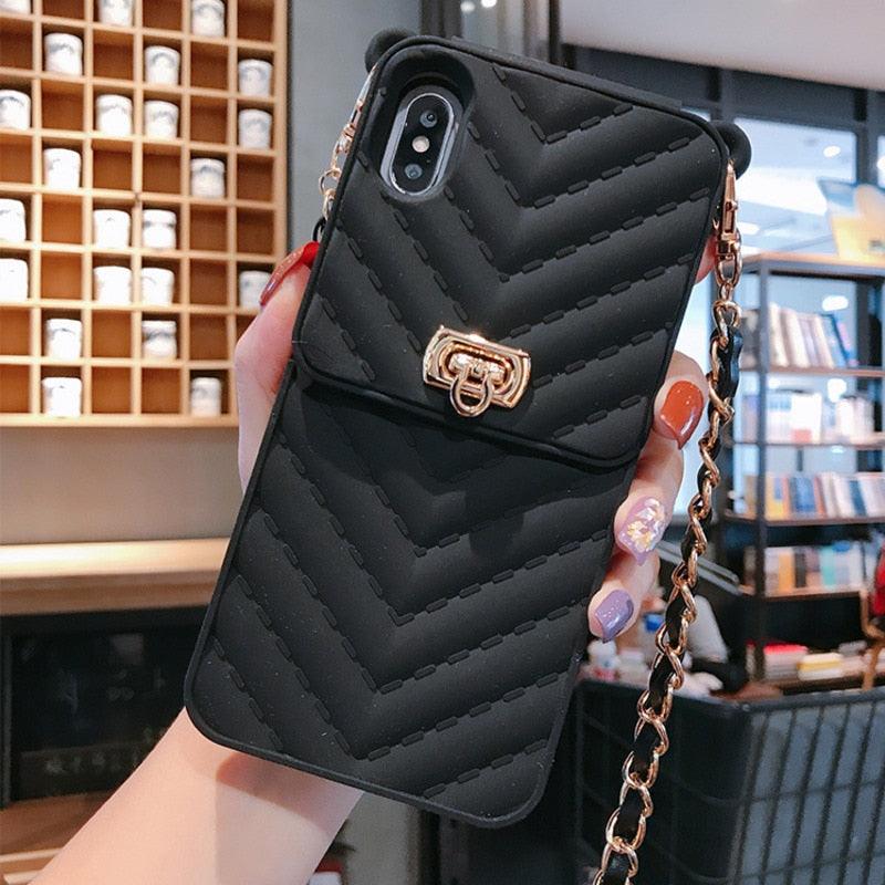 Luxury Wallet Bag Phone Case For iPhone 14 13 12 MINI 11 Pro XR XS Max 6 7 8 Plus Silicone Card Pocket Strap Cover With Lanyard Crossbody Chain Card Holder Slot Handbag Wrist Strap Protective Cover Stevvex