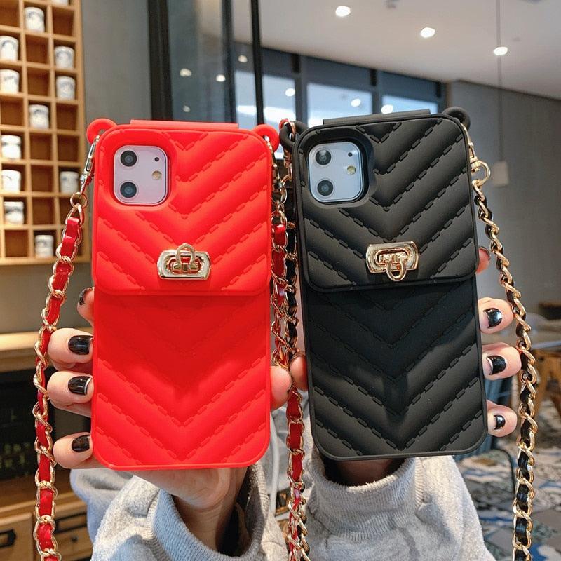 Luxury Wallet Bag Phone Case For iPhone 14 13 12 MINI 11 Pro XR XS Max 6 7 8 Plus Silicone Card Pocket Strap Cover With Lanyard Crossbody Chain Card Holder Slot Handbag Wrist Strap Protective Cover Stevvex