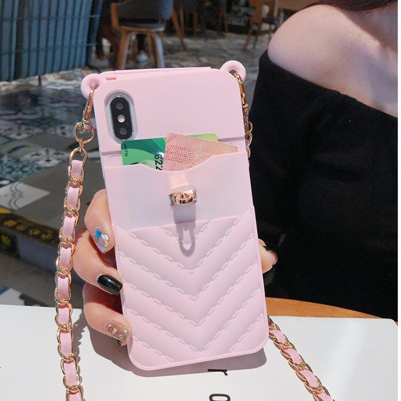 Luxury Wallet Bag Phone Case For iPhone 14 13 12 MINI 11 Pro XR XS Max 6 7 8 Plus Silicone Card Pocket Strap Cover With Lanyard Crossbody Chain Card Holder Slot Handbag Wrist Strap Protective Cover Stevvex