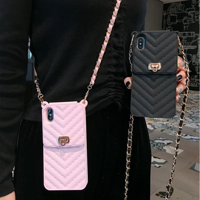 Luxury Wallet Bag Phone Case For iPhone 14 13 12 MINI 11 Pro XR XS Max 6 7 8 Plus Silicone Card Pocket Strap Cover With Lanyard Crossbody Chain Card Holder Slot Handbag Wrist Strap Protective Cover Stevvex