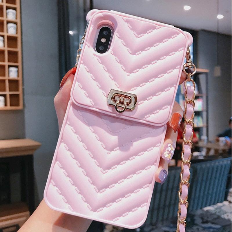 Luxury Wallet Bag Phone Case For iPhone 14 13 12 MINI 11 Pro XR XS Max 6 7 8 Plus Silicone Card Pocket Strap Cover With Lanyard Crossbody Chain Card Holder Slot Handbag Wrist Strap Protective Cover Stevvex