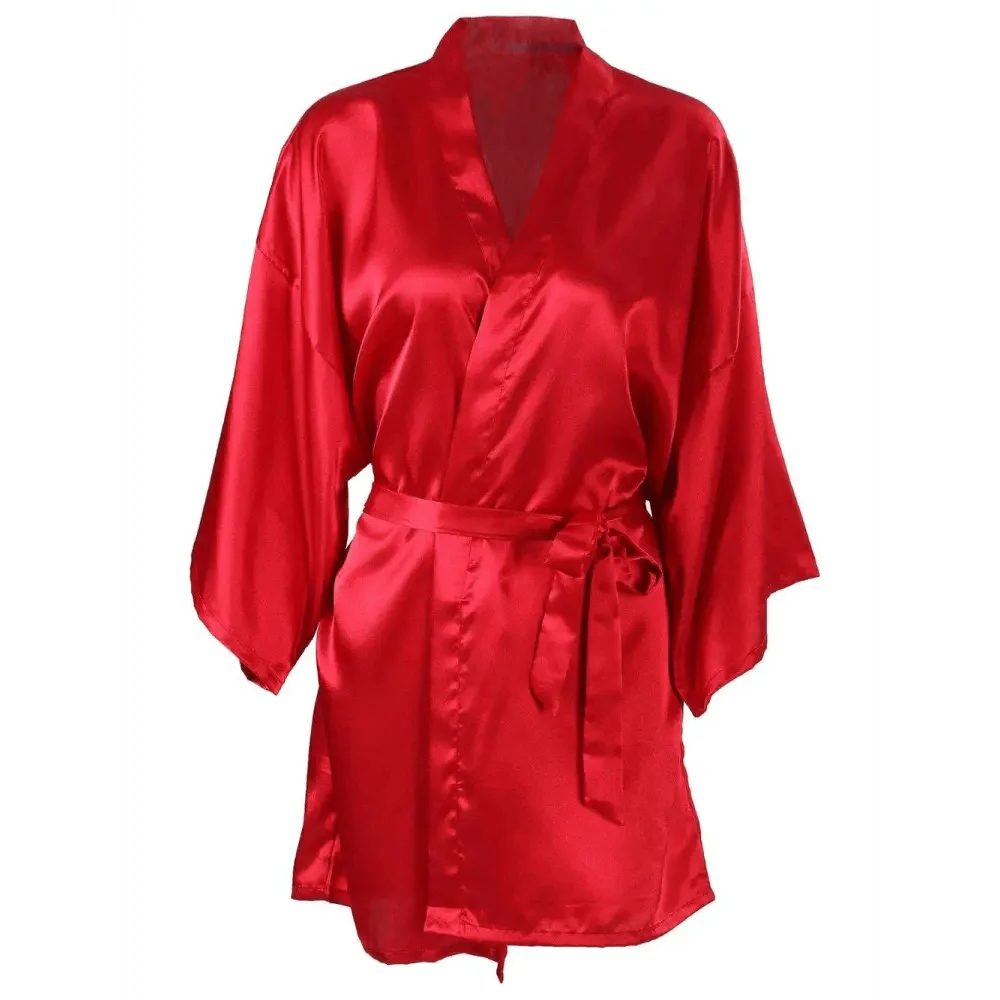Luxury White Silk Women Bathrobe Soft Short Ladies Sleepwear Indoor Bathrobe Party Sleepwear With Waist Belt Stevvex