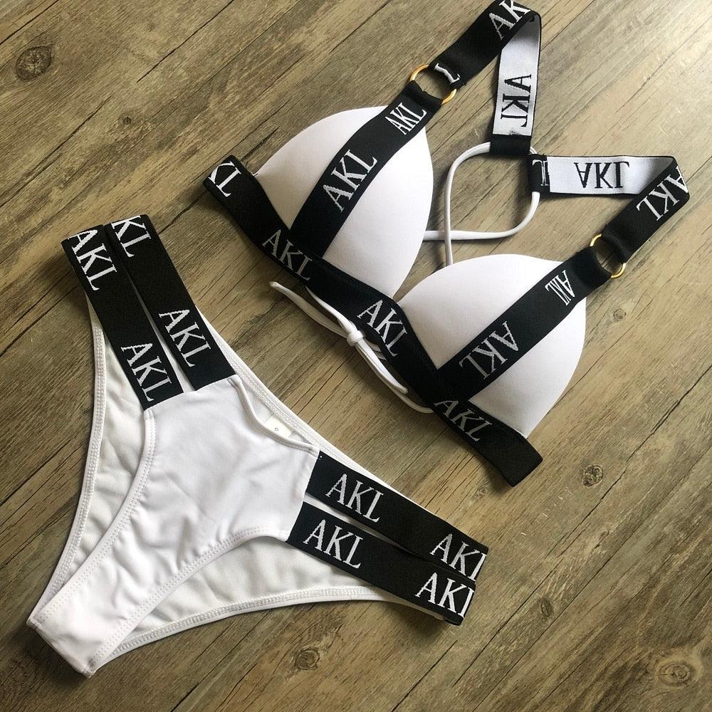 Luxury Women Bikini Set Letter Print Swimsuit Female Push Up Bandage Black Swimwear Women Bikini Set Swimming Bathing Suit Women Swimsuit Bikini Set Letter Print Swimwear Bathing Suit Stevvex