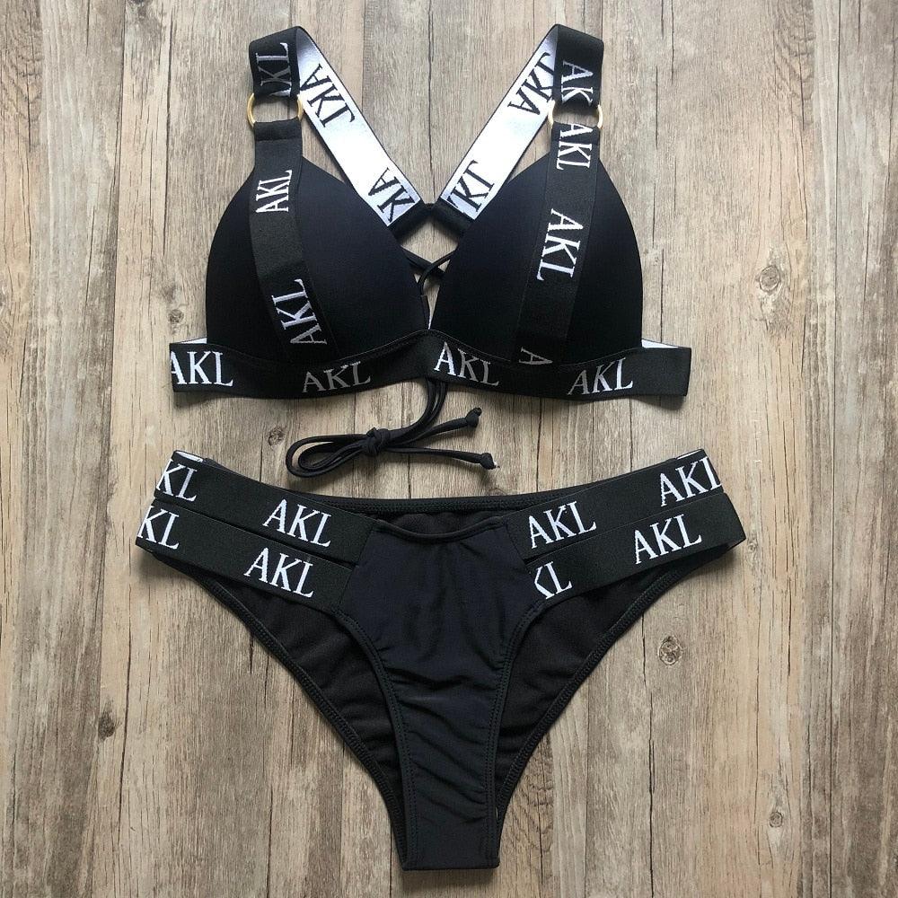 Luxury Women Bikini Set Letter Print Swimsuit Female Push Up Bandage Black Swimwear Women Bikini Set Swimming Bathing Suit Women Swimsuit Bikini Set Letter Print Swimwear Bathing Suit Stevvex