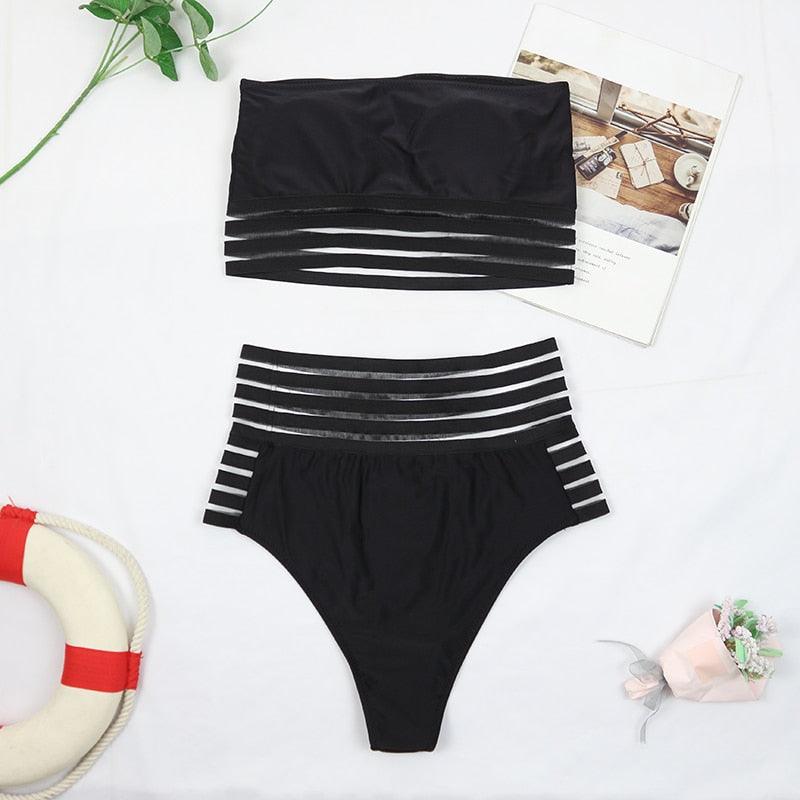 Luxury Women Black Bikini High Waist Swimwear Female 2 Pieces Set Swimsuit Bathing Suit Women Beach Women's High Waisted Bandage Bikini Set Two Piece Push Up Swimsuits Stevvex